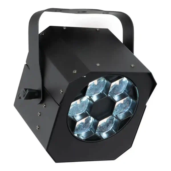 Spacelamp Showtec Dreamwave zwart, schuin naar beneden hangend.