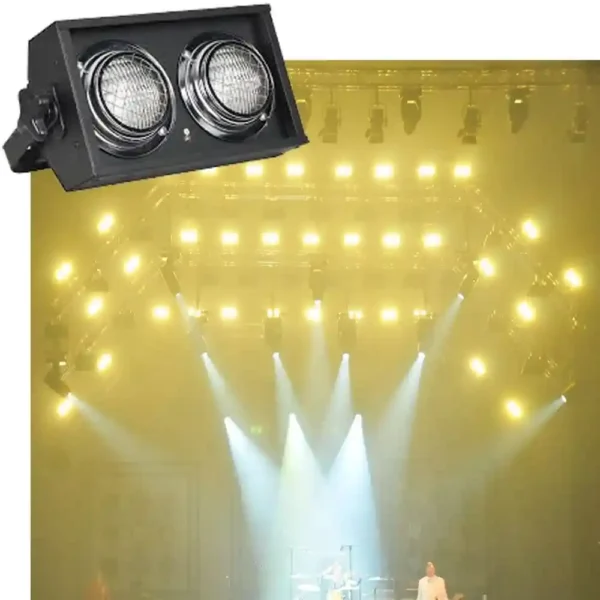 Showtec Blinder met op de achtergrond een stellage van tientallen blinder die veel licht geven.
