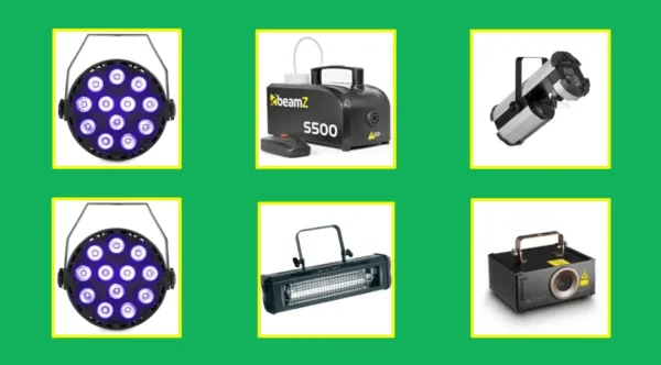 Een lichtset met laser, rookmachine, stroboscoop, led scanner en blacklight.